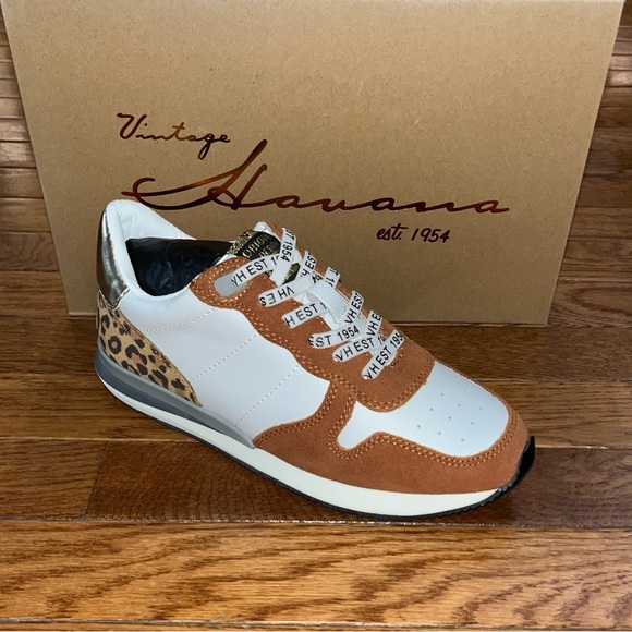 Vintage Havana Leather Valery Rust & Leopard Detail Run Sneakers Women's Size 6 - Picture 1 of 13